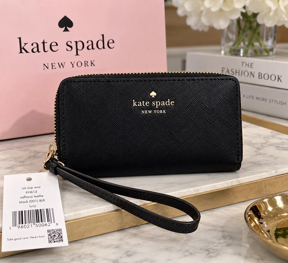 Kate Spade Lucy Black Saffiano Leather Zip Wristlet Wallet Gold Logo NWT KH613